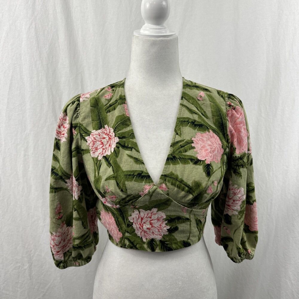 Agua Bendita x Target Linen Blend Green Floral Tropical Wrap Crop Top Sz M Beach